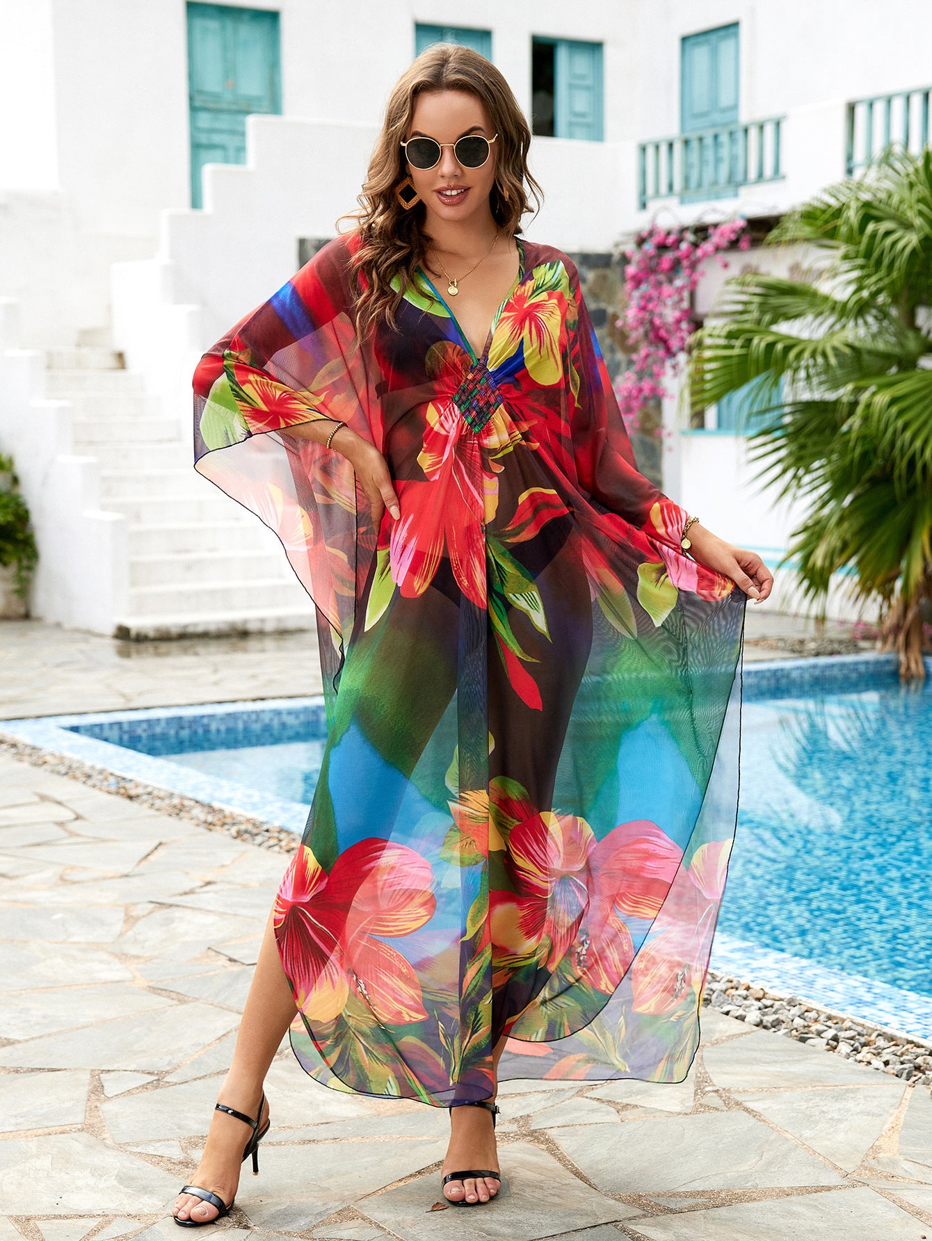 Plus Graphic Print Batwing Sleeve Split Thigh Cover Up Dress Q1559-8749