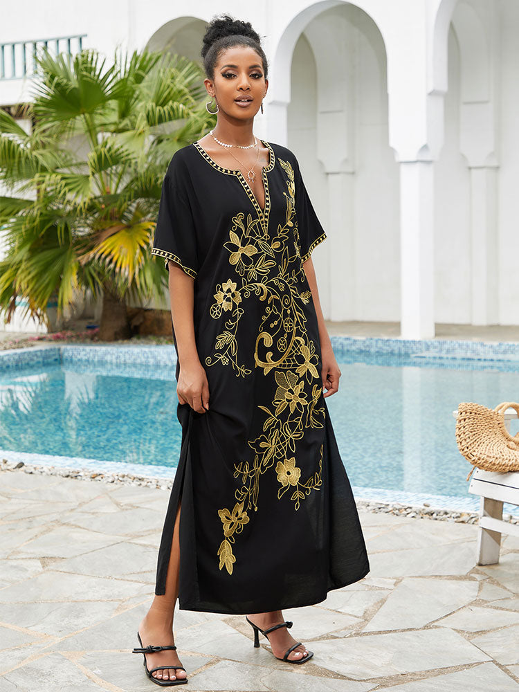 Black Plus Size Kaftan Dress Women V Neck Slit Embroidery Beachwear Cover-ups Short Sleeve Casual Resort Wear African Robe Q1544