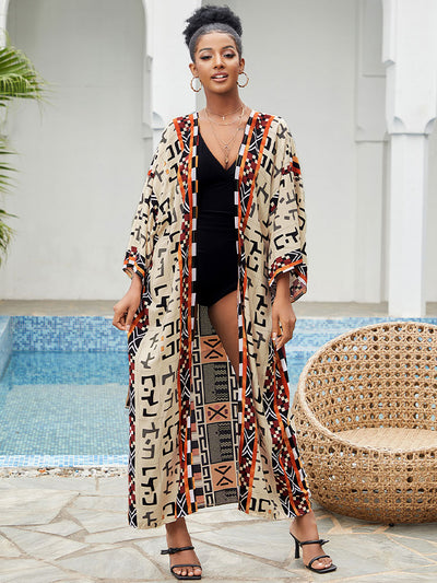 Bohemian Printed Elegant Self Belted Kimono Dress Tunic Women Clothing Plus Size Beach Wear Swim Suit Cover Up Q1228-4