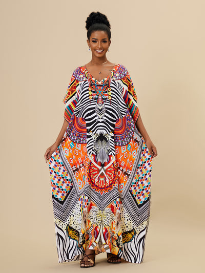 Bohemian Printed Loose Kaftan Casual Summer Vacation Maxi Dress Women Clothing Beach Wear Swim Suit Cover Up Q1469-9