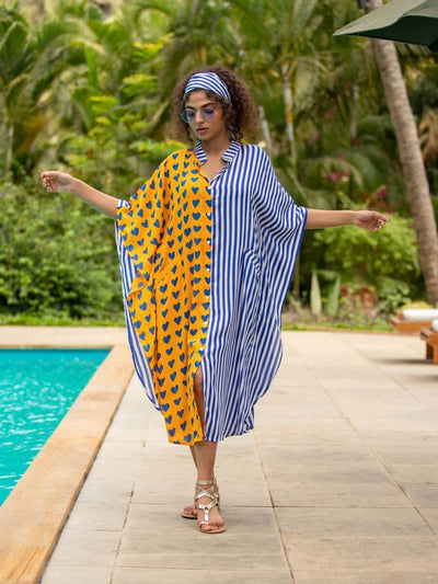 Chic Splicing Print Loose Batwing Sleeves Dress Bathing Suit Cover Up Summer Autumn Women Button Beachwear Cover-ups Q1452-8721