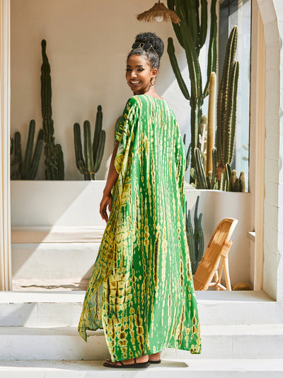 Women Casual African Kaftan Robe Striped Print Batwing Sleeve Beachwear Cover Up Maxi Dress pareos de playa mujer Q1218-730-19