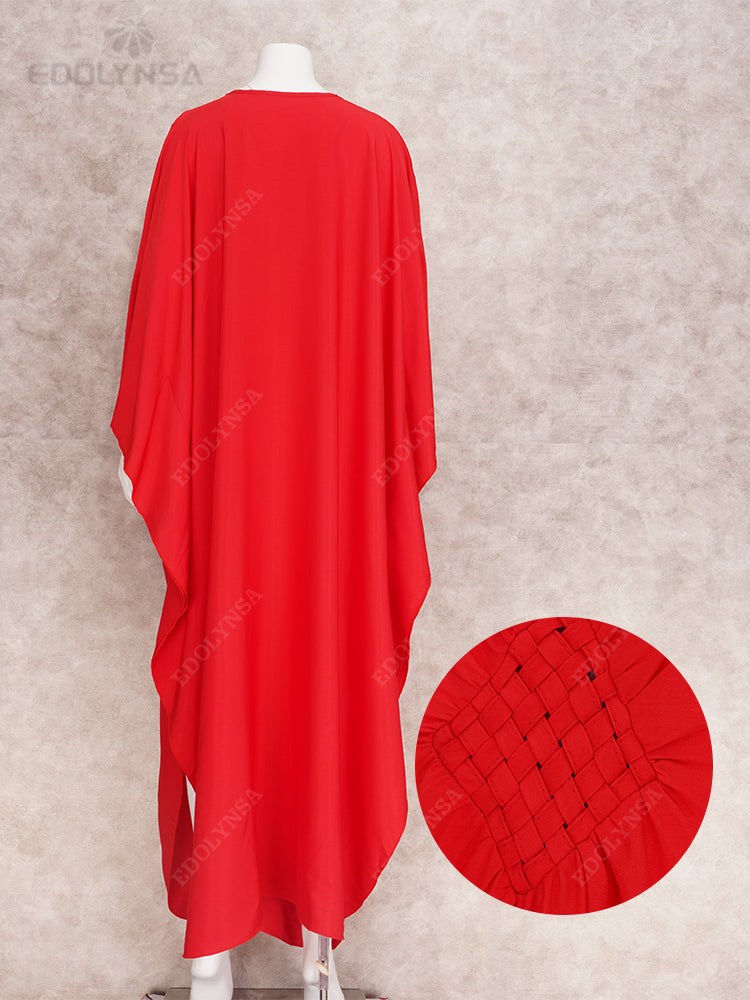 Solid V-neck Batwing Sleeve Plus Size Kaftan Loose Maxi Dresses Women Summer Beachwear Bathing Robe Soft House Dress Q1306-8702-7