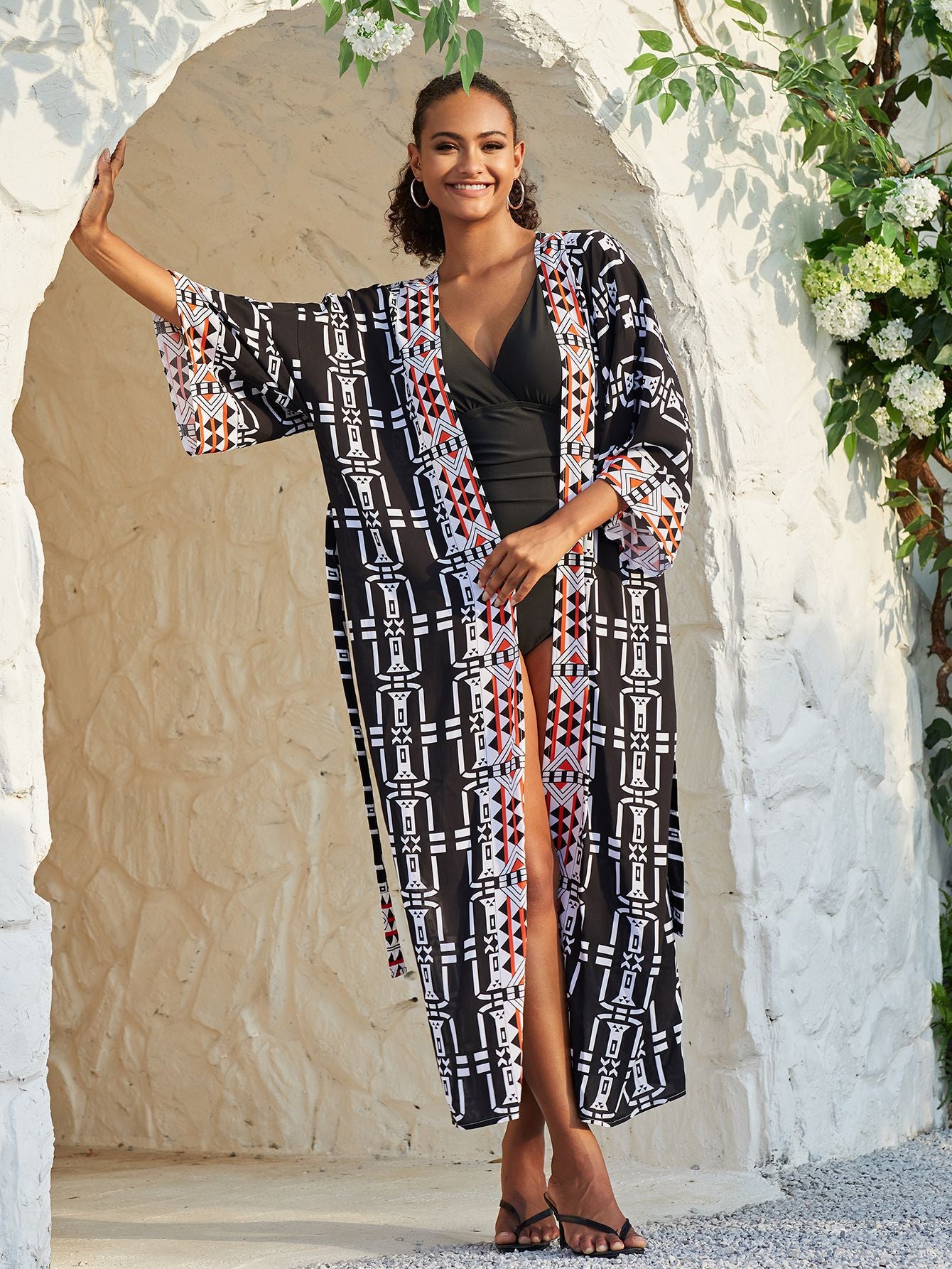 Women Plus Size Long Sleeve Kimono Elegant Open Front Self Belted Autumn Cardigan Dress Pareo Party Dress Q1332-778