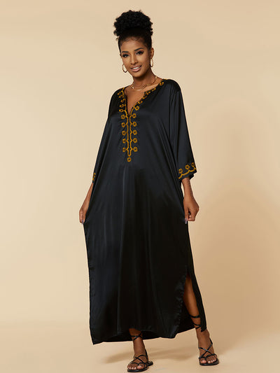Vintage Embroidered Robe V Neck Kimono Bathing Suit Cover-ups Summer Clothing Long Dress Women Beachwear Swimsuit Cover Up Q1514
