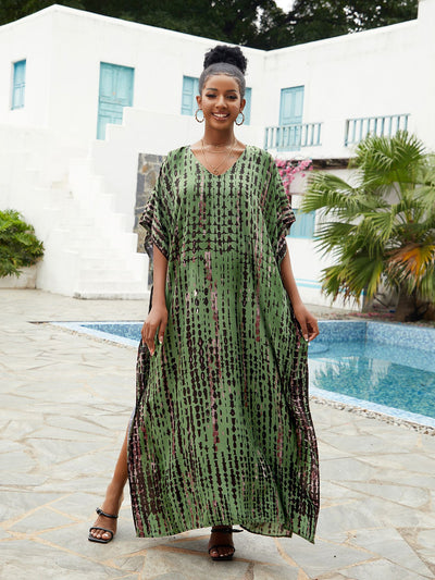 Bohemian Plus Size Striped Print Kaftan Maxi Dress Slit Loose Robe Women  Summer Autumn Beachwear Swimsuit Cover-ups Q1218-730-5