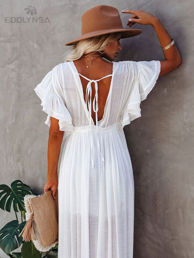 Sexy Bikini Cover-ups Long White Tunic Casual 2023 Summer Beach Dress Elegant Women Clothing Beach Wear Swim Suit Cover Up Q1208-white