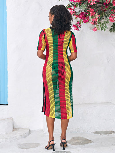 Women's Striped Color Crochet Swimwear Cover Ups Hollow Out Long Bathing Suit Coverups Side Split Beach Dress Top Q1566