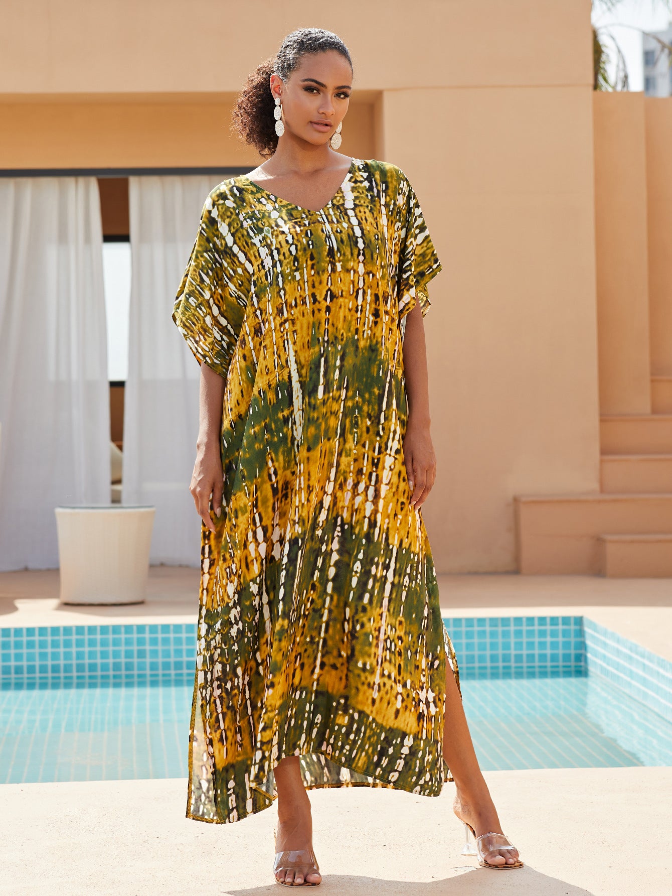 Casual Tie-dye Kaftan Robe Striped Printed V Neck Batwing Sleeve  Women Summer Maxi Dresses Beachwear Cover-ups Q1218-730-29