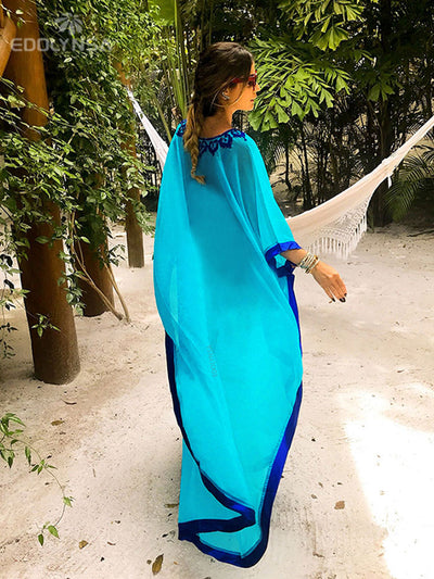 Bohemian Embroider Summer Beach Dress Women Plus Size Beachwear Loose Kaftan Sexy Half Sleeve Chiffon Maxi Dress Robe Q746-Blue