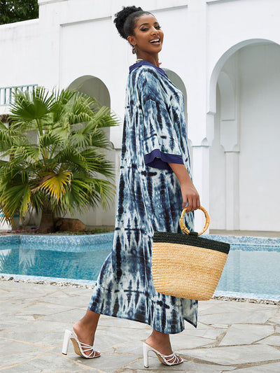Bohemian Print Shirt Collar Side Slit Kaftan Casual Beach Maxi Dress 2023 Women Summer Loose Robe Beachwear Cover-ups Q1540-23041