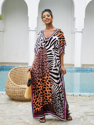 Grey Leopard Kaftan Elegant V-neck Half Sleeve Side Split Summer Dress Plus Size Women Beach Wear Swim Suit Cover Up Q1323-805