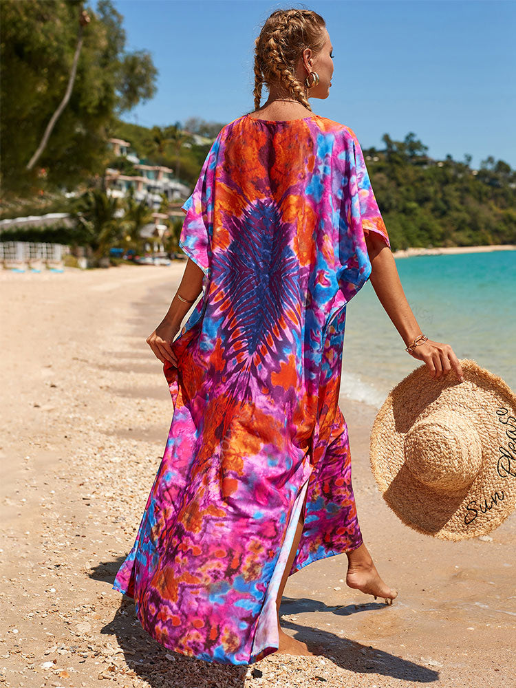 Bohemian Printed Red V-neck Batwing Sleeve Dress Summer For Women Casual Beachwear Kaftan Half Sleeve Maxi Dresses Q1342-24