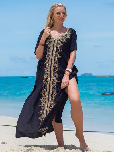 Boho Printed Kaftan Casual Summer Clothing Women Plus Size V-Neck Batwing Sleeve Beach Wear Maxi Dress Robe Q1457