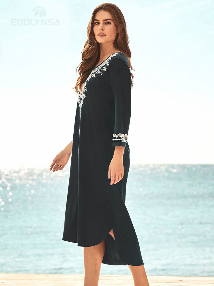 Retro Embroidery Round Neck Loose Caftan Plus Size Beach Dress Summer Autumn Outfit Women Beachwear Swimsuit Cover Up Q1392-22004