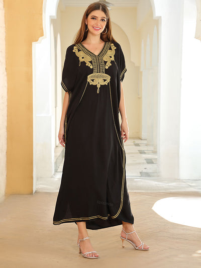 Embroidered Long Kaftan Dresses for Women Turkish Caftan Robe Plus Size Bathing Suit Cover ups Lightweight Outfit Q660-black