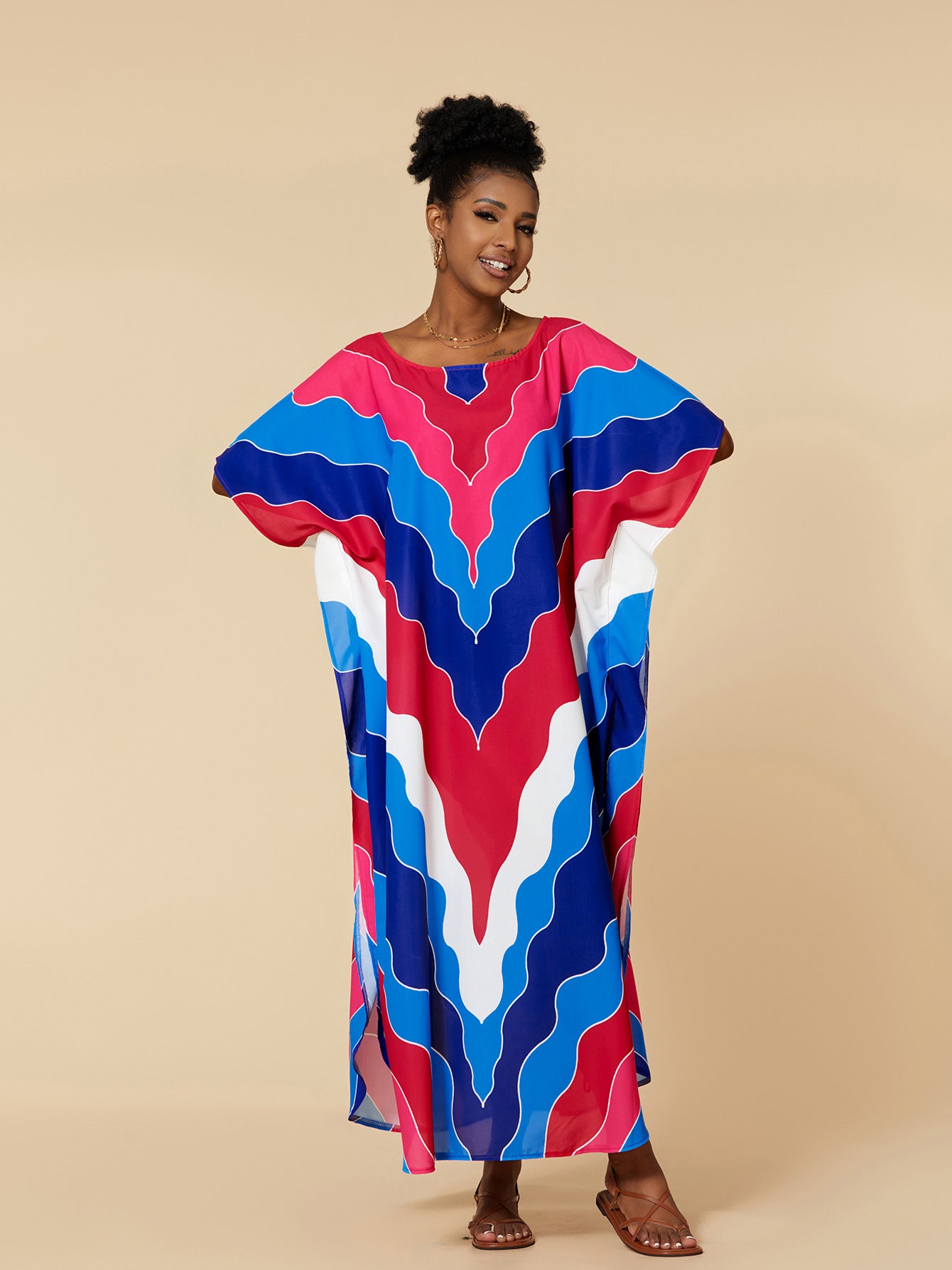 Printed Batwing Sleeve Plus Size Kaftan Street Wear Maxi 2023 Rainbow Bohemian Dress Women Beach Wear Swim Suit Cover Up Q1435-22027-8