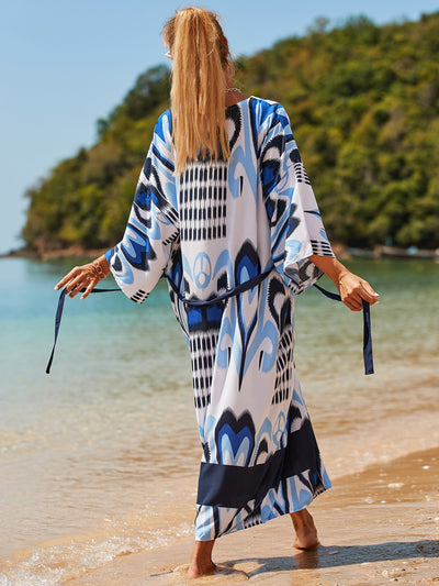 Bikini Cover-up Elegant V-neck 3/4 Sleeve Self Belted Women Clothing Summer Dress Tunic Beach Wear Swim Suit Cover Up Q1345