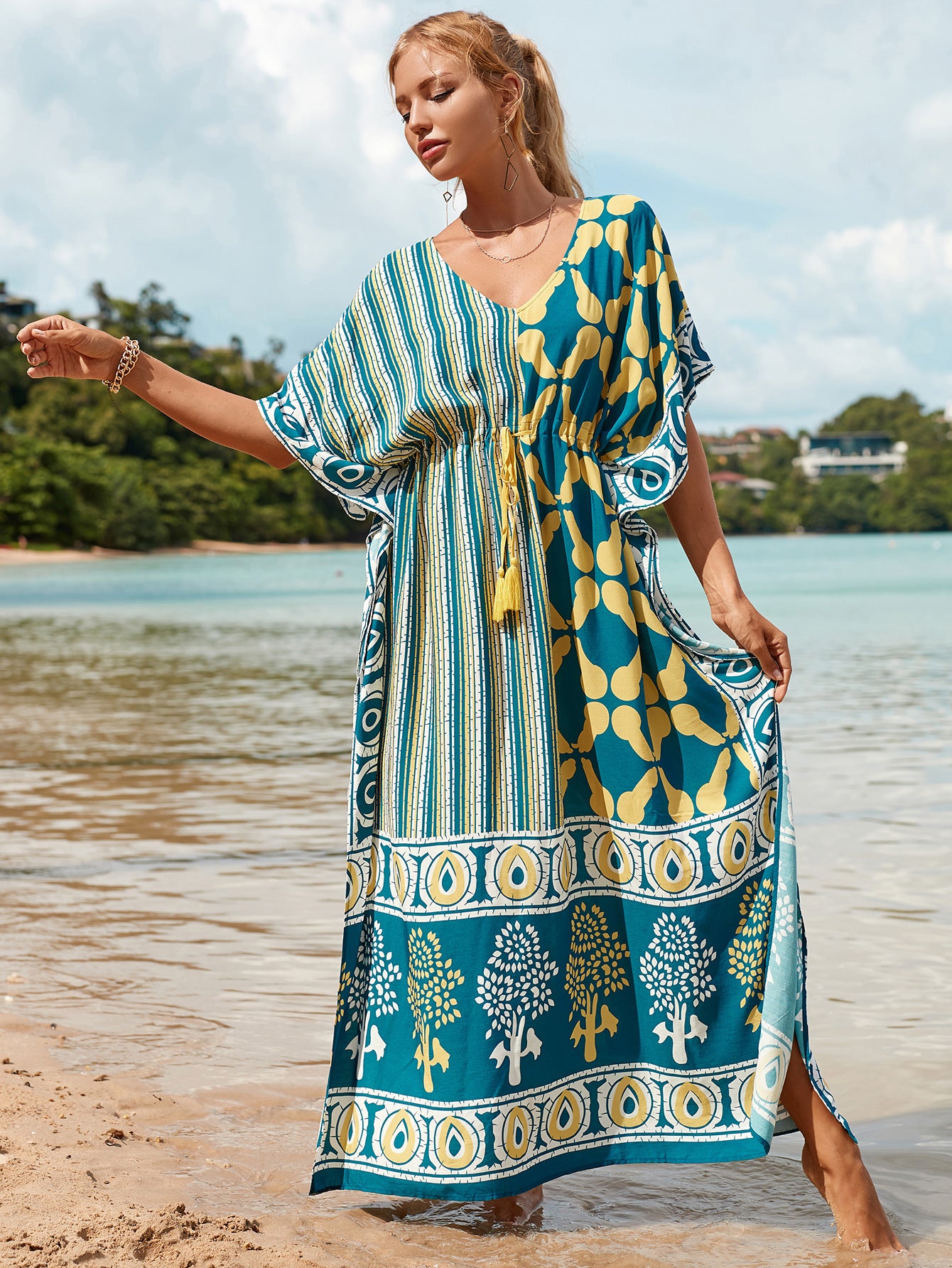 Summer Loose Kaftan Embroidery Beach Cover Up Saida de Praia Swimsuit Women Bikini Cover-ups Tunic Pareo Sarong Beachwear Q1193-8648-1