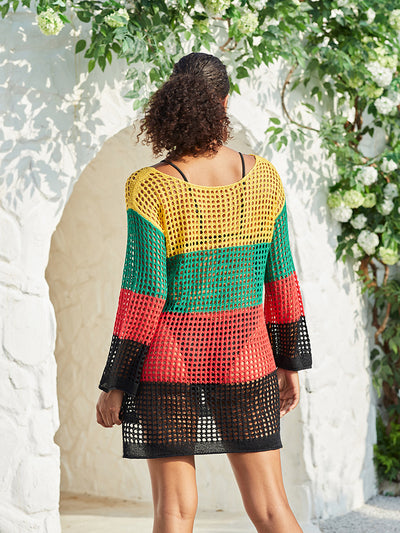 Women Crochet Knit Mini Dress Long Sleeve Colorful Mesh Cover Ups Casual Sweater Dress Summer Tank Dress Q1551