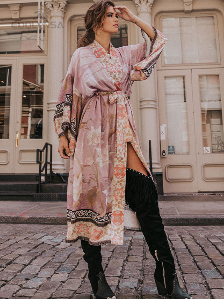 Soft Bikini Cover-ups Pink Boho Print Self Belted Front Open Long Kimono Dress Beach Tunic Women Swim Suit Cover Up Q996-1