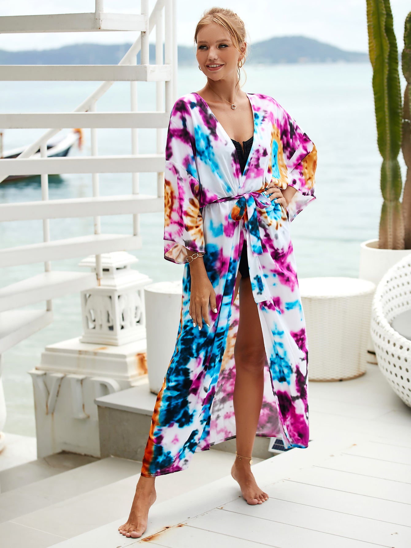 Boho Print Plus Size Batwing Sleeve Belt Kimono Dress Bathing Suit Cover Up Summer  Women Beachwear Cover-ups Sarong Q1512-1120-6