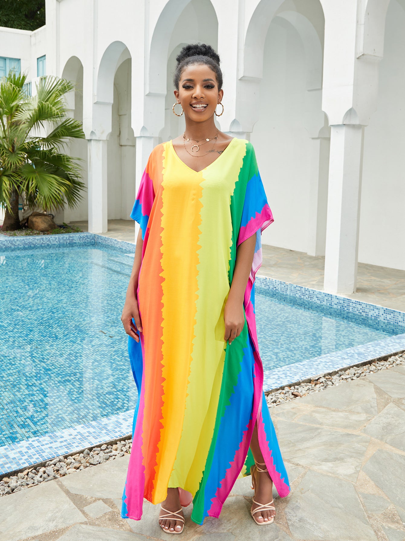 Boho Colourful Print Kaftan Casual V Neck Half Sleeve Summer Side Split Loose Dress 2023 Woman Beachwear Swimsuit Cover Up Q1546-1126-1