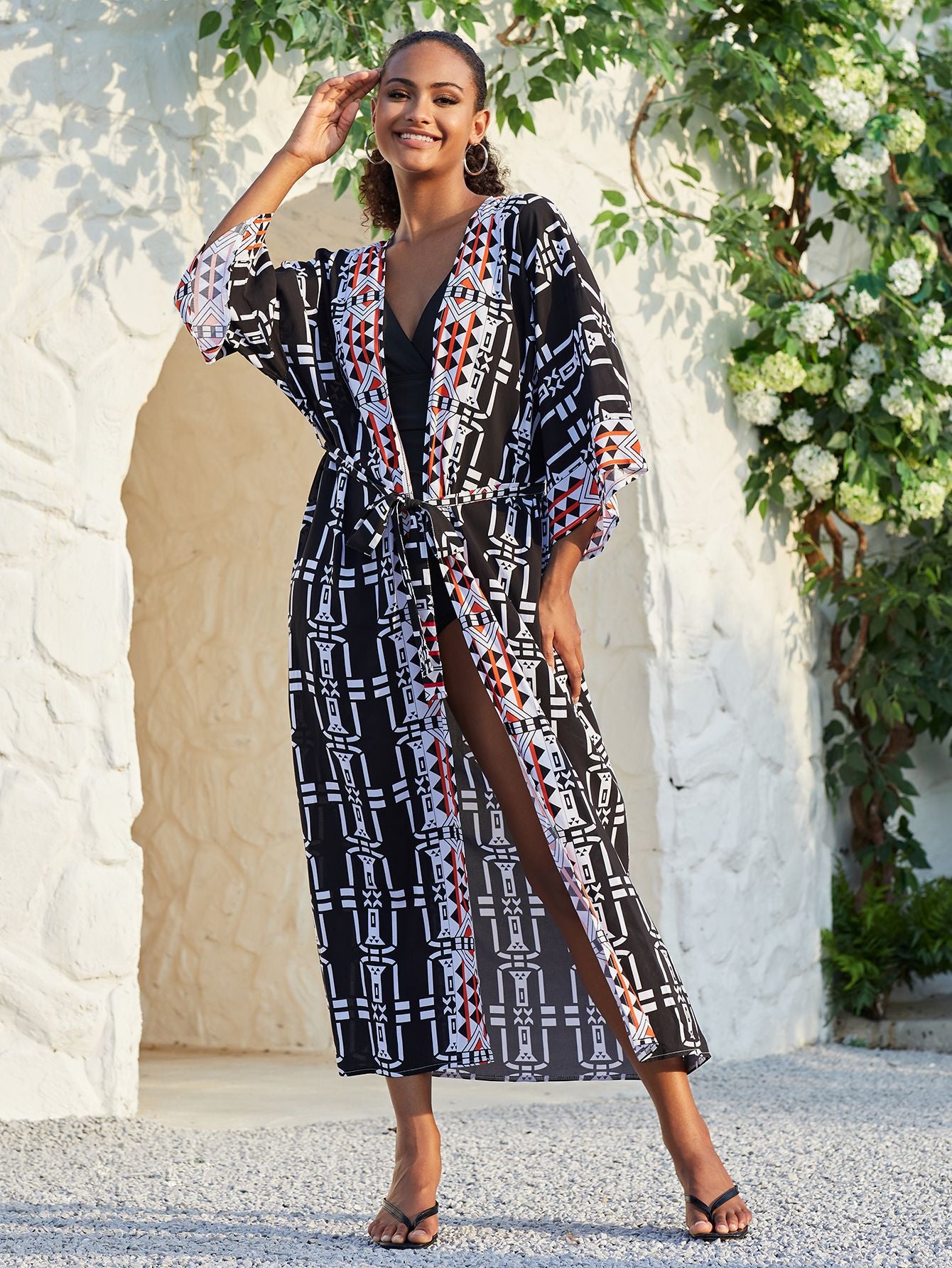 Women Plus Size Long Sleeve Kimono Elegant Open Front Self Belted Autumn Cardigan Dress Pareo Party Dress Q1332-778