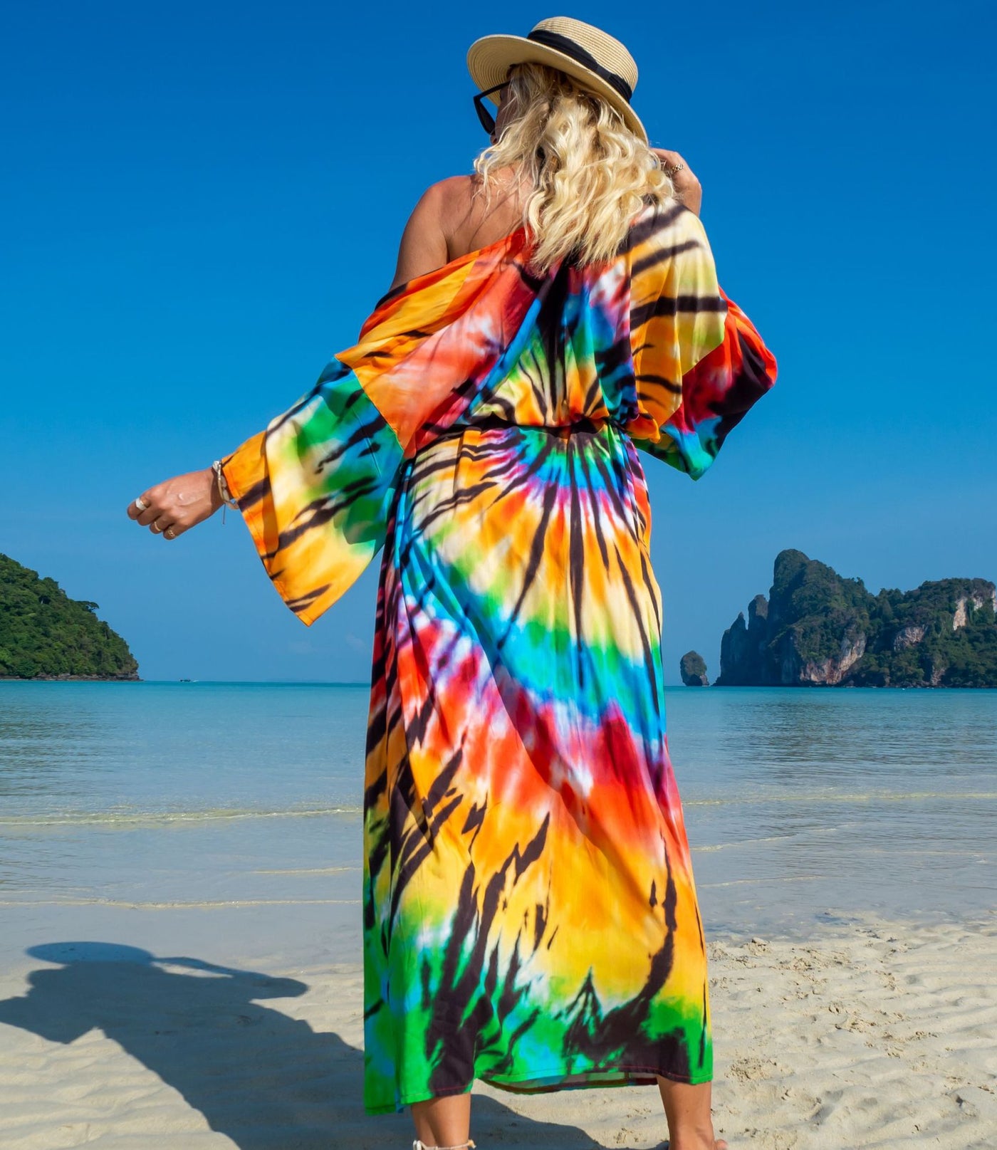 Boho Printed Gorgeous Kimono Maxi Dress Belt Tunic Summer Women Plus Size Long Sleeve Flowy Beach Wear Swim Suit Cover Up Q1414-1062-15