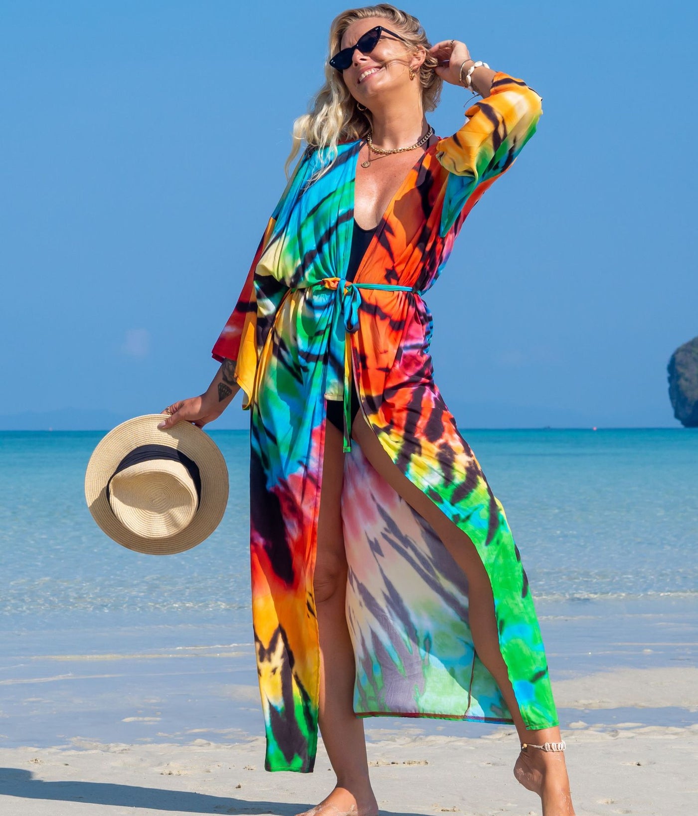 Boho Printed Gorgeous Kimono Maxi Dress Belt Tunic Summer Women Plus Size Long Sleeve Flowy Beach Wear Swim Suit Cover Up Q1414-1062-15