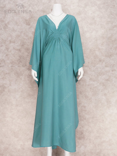 Solid V-neck Batwing Sleeve Plus Size Kaftan Loose Maxi Dresses Women Summer Beachwear Bathing Robe Soft House Dress Q1306-8702-9