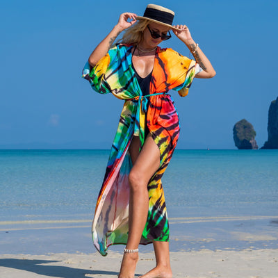 Boho Printed Gorgeous Kimono Maxi Dress Belt Tunic Summer Women Plus Size Long Sleeve Flowy Beach Wear Swim Suit Cover Up Q1414-1062-15