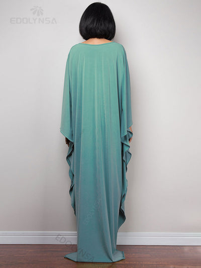 Solid V-neck Batwing Sleeve Plus Size Kaftan Loose Maxi Dresses Women Summer Beachwear Bathing Robe Soft House Dress Q1306-8702-9