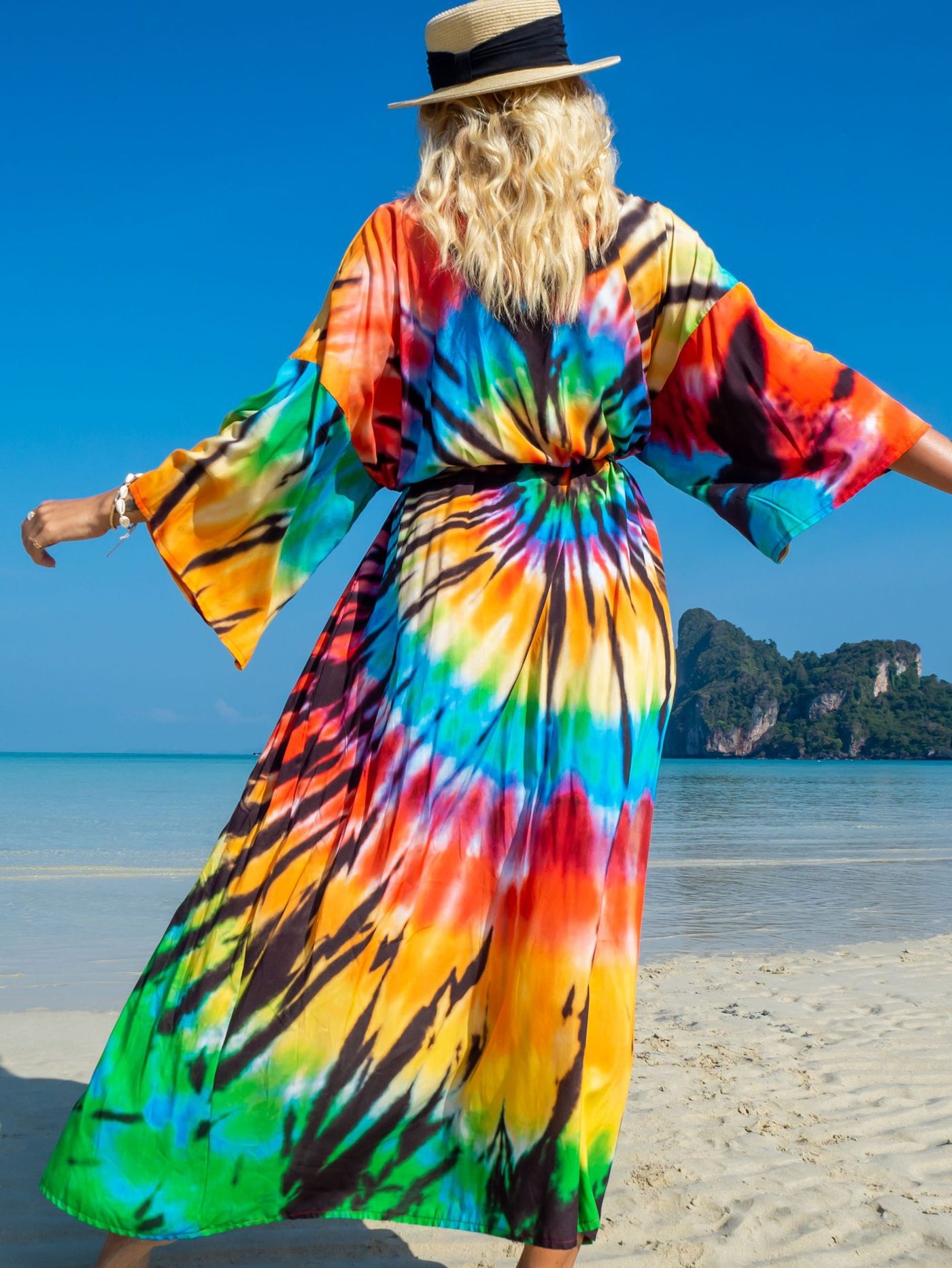 Boho Printed Gorgeous Kimono Maxi Dress Belt Tunic Summer Women Plus Size Long Sleeve Flowy Beach Wear Swim Suit Cover Up Q1414-1062-15