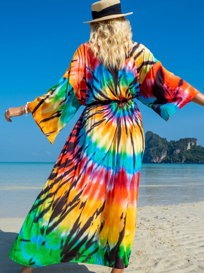 Boho Printed Gorgeous Kimono Maxi Dress Belt Tunic Summer Women Plus Size Long Sleeve Flowy Beach Wear Swim Suit Cover Up Q1414-1062-15