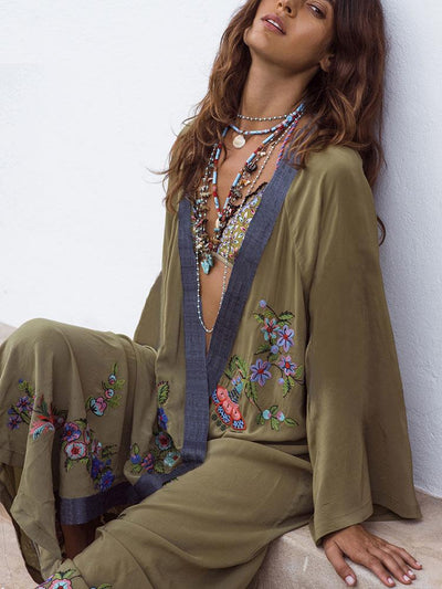 ARMY GREEN EMBROIDERY BEACH COVER-UP