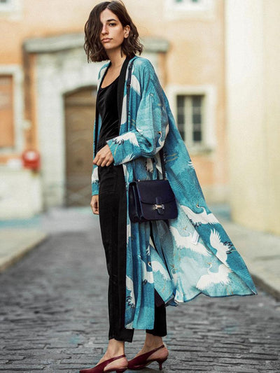 CRANE PRINTED BLUE KIMONO