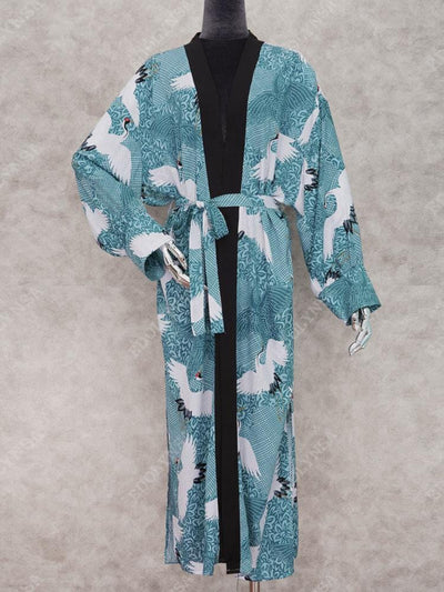 CRANE PRINTED BLUE KIMONO