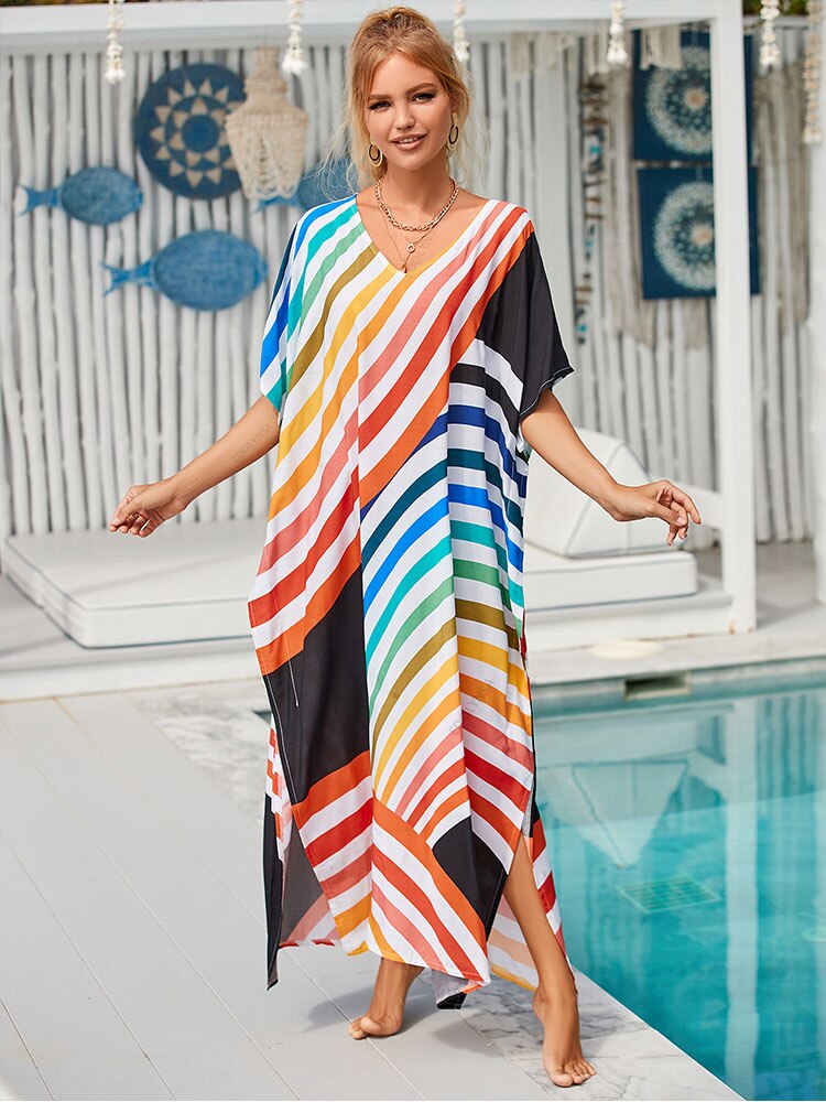 Colourful Striped Kaftan Dress Bikini Cover Up for Women Q1476-6