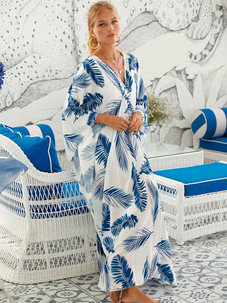 Elegant Leaves Printed Plus Size Kaftan Q1297-24