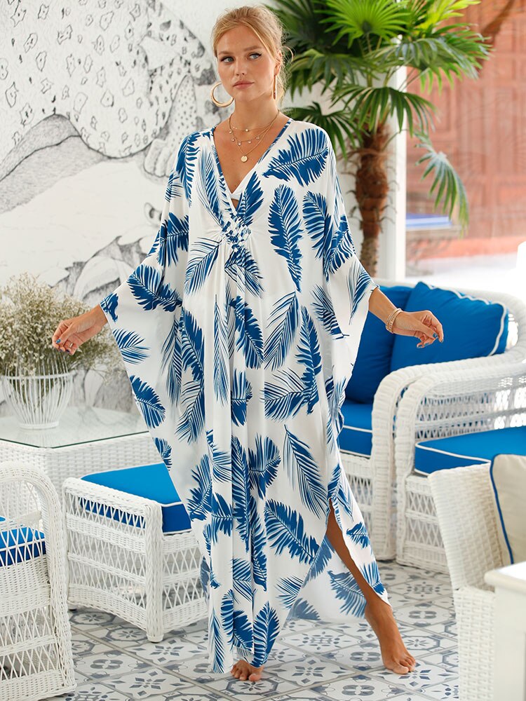Elegant Leaves Printed Plus Size Kaftan Q1297-24