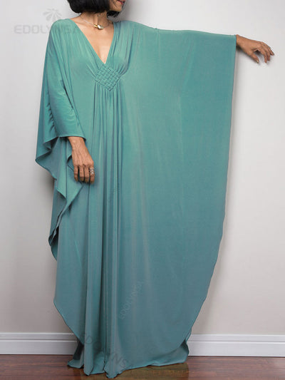 Solid V-neck Batwing Sleeve Plus Size Kaftan Loose Maxi Dresses Women Summer Beachwear Bathing Robe Soft House Dress Q1306-8702-9